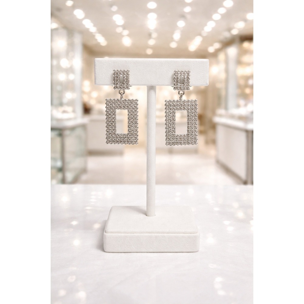 Silver Rhinestone Geometric Drop Earrings Open Rectangle Pave Crystal Statement - Picture 3 of 3